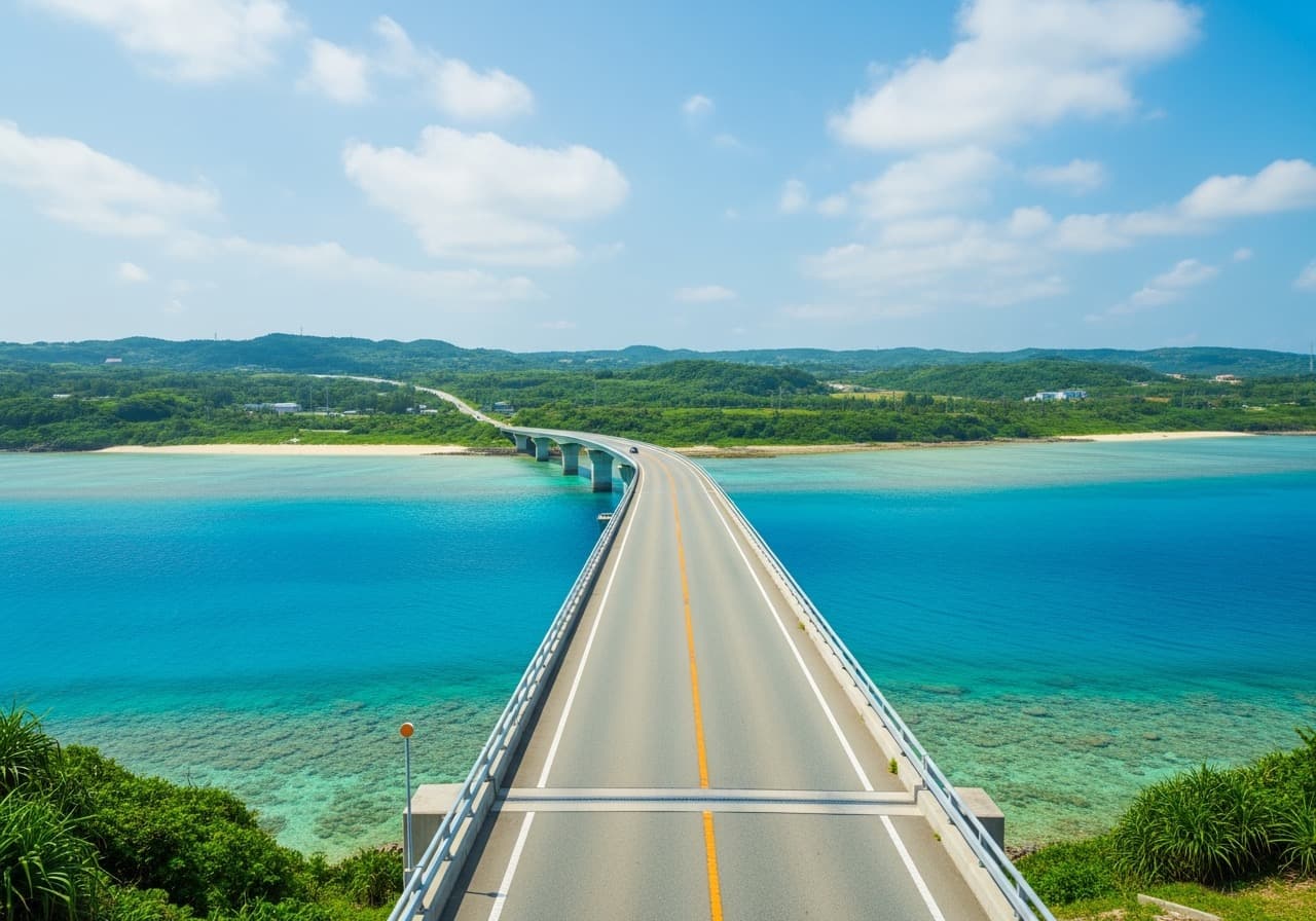 宮古島と伊良部島を結ぶ伊良部大橋を走る道路の風景
